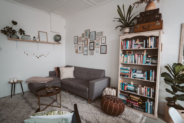 living room with bookshelf and grey couch